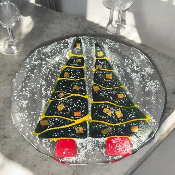 Hand Made Fused Art Glass Dish Plate Platter Christmas Tree Iridescent Glass VTG - Picture 1 of 16